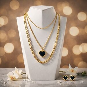 18K Gold Plated Stainless Steel Triple Layer Heart Necklace And Earrings Set
